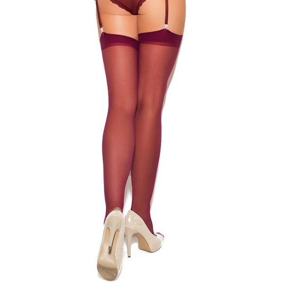 Burgundy Sheer Thigh High Stockings - Picture 2 of 5